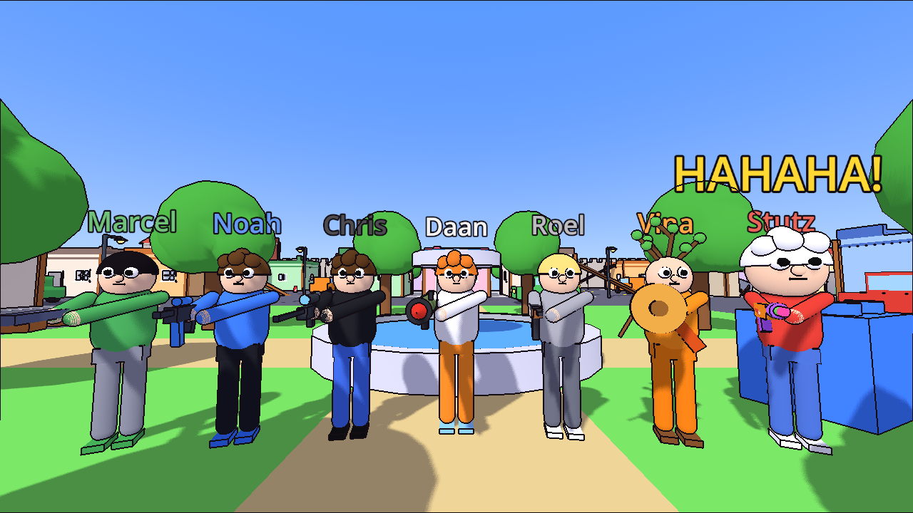All seven characters standing in front of the fountain in the park