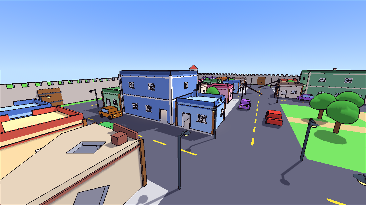 The cartoon city: streets, colorful houses, a park and the city wall